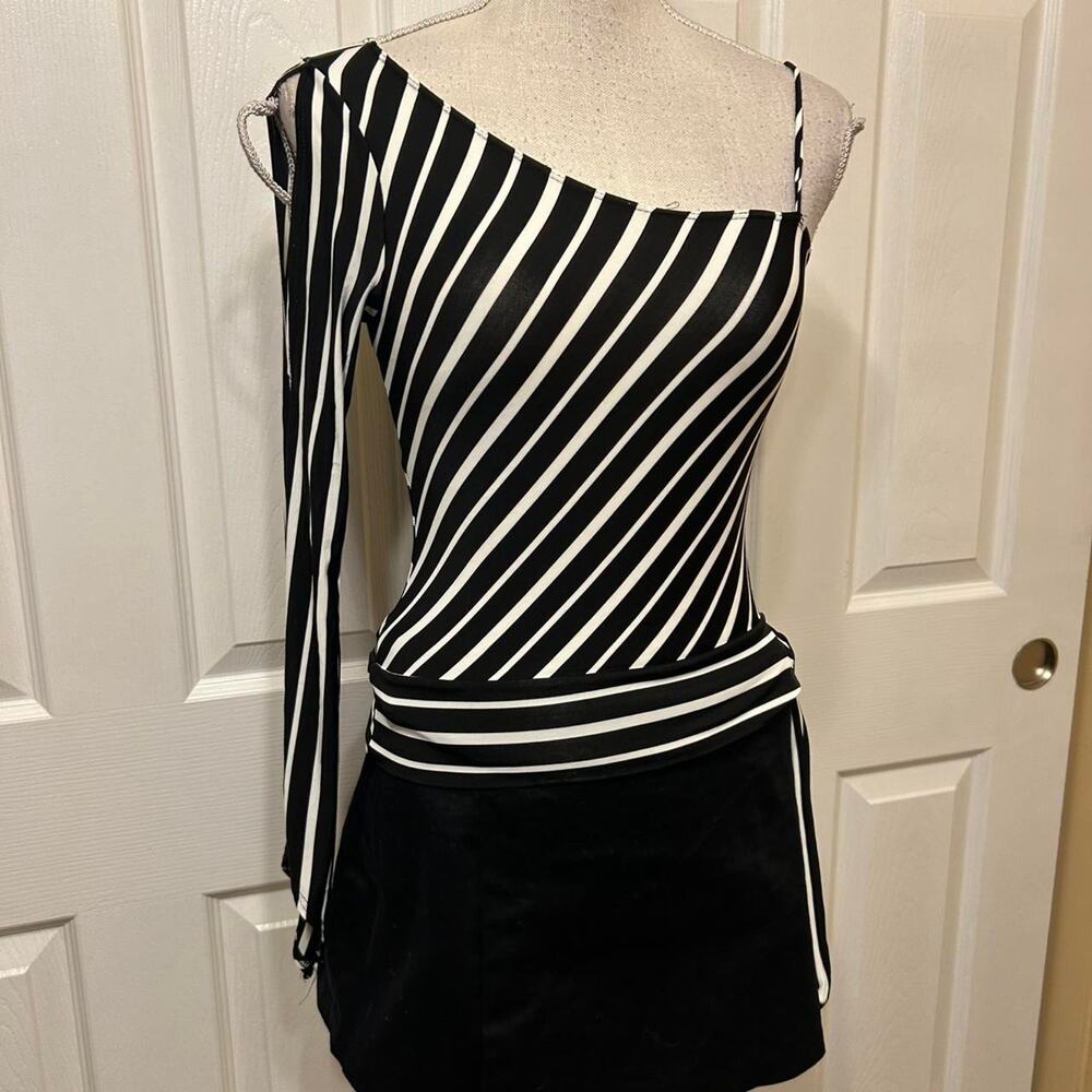 Rave one shoulder black and white striped top with asymmetrical sleeve. Size XS